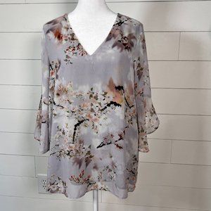 Calvin Klein Ruffle Sleeve Cherry Blossom Floral Semi Sheer Blouse Size M